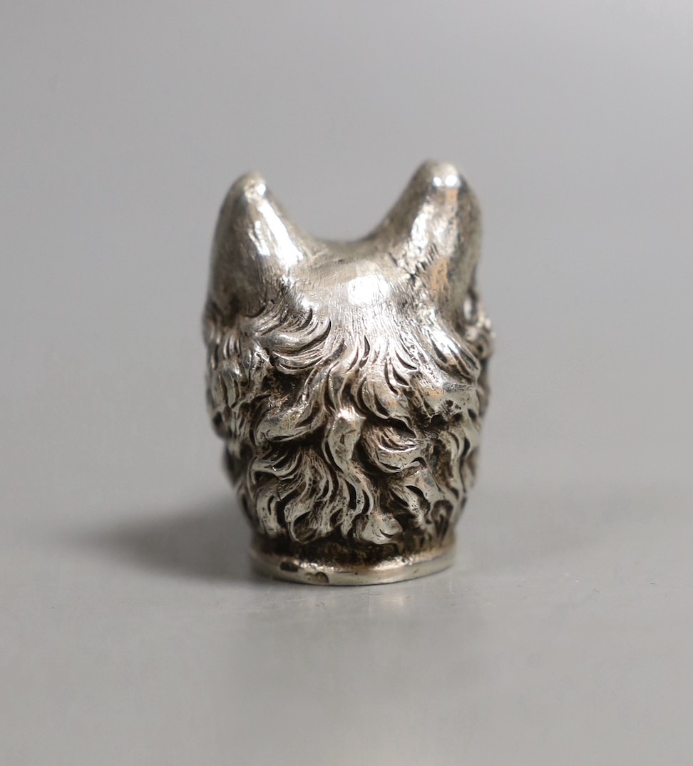 A late Victorian silver cane handle?, modelled as a dog's head, import marks for London, 1897, 35mm.